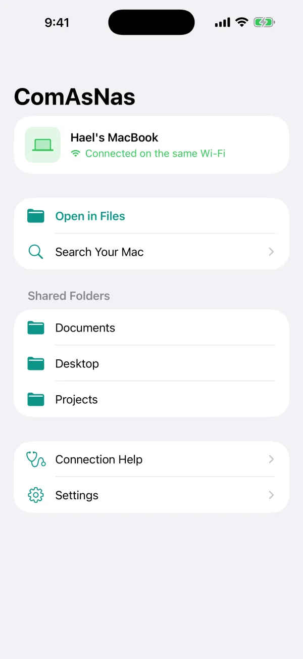 ComAsNas iPhone app home screen: Hael's MacBook connected on the same Wi‑Fi, with shared folders Documents, Desktop and Projects