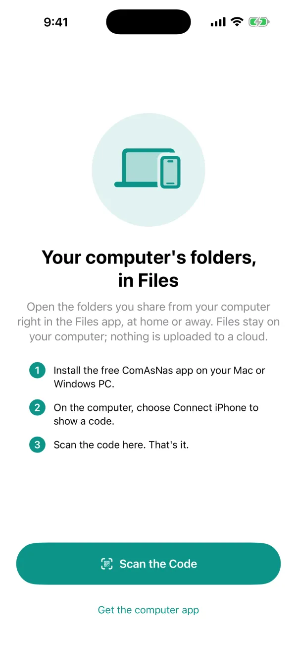 ComAsNas iPhone app first-run screen: three steps to pair by scanning the QR code shown on the computer