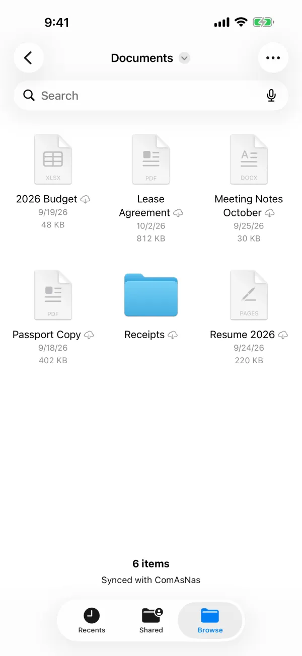The Documents folder inside the ComAsNas location in the Files app, with notes, budgets and contracts