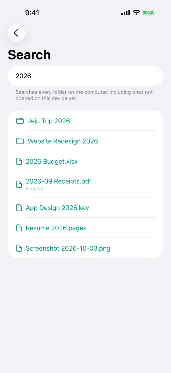 Search results for 2026 across files on the Mac, from the iPhone