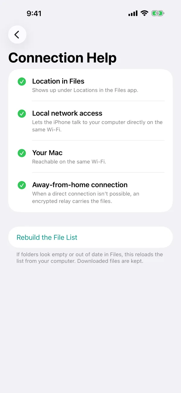 Connection Help screen: Files location, local network access, your Mac and remote connection all passing