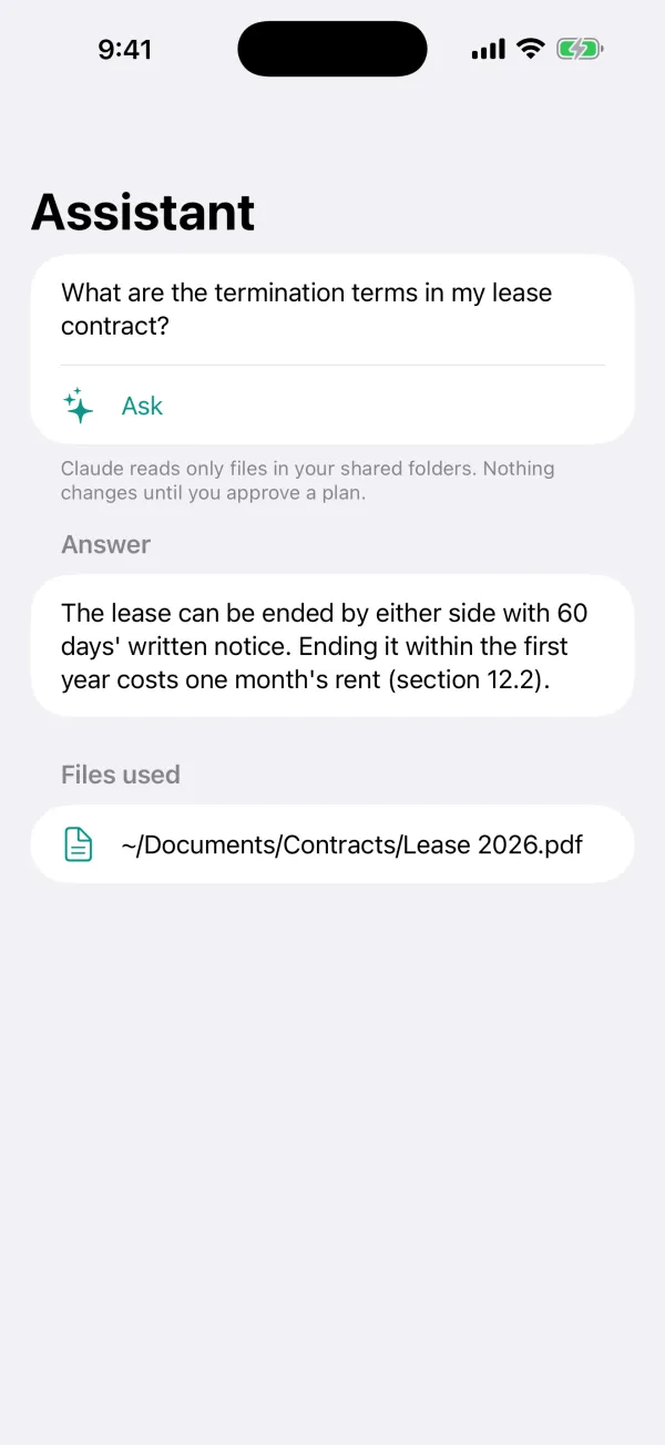 Assistant answer screen: the termination terms of a lease, with the file used, Lease 2026.pdf