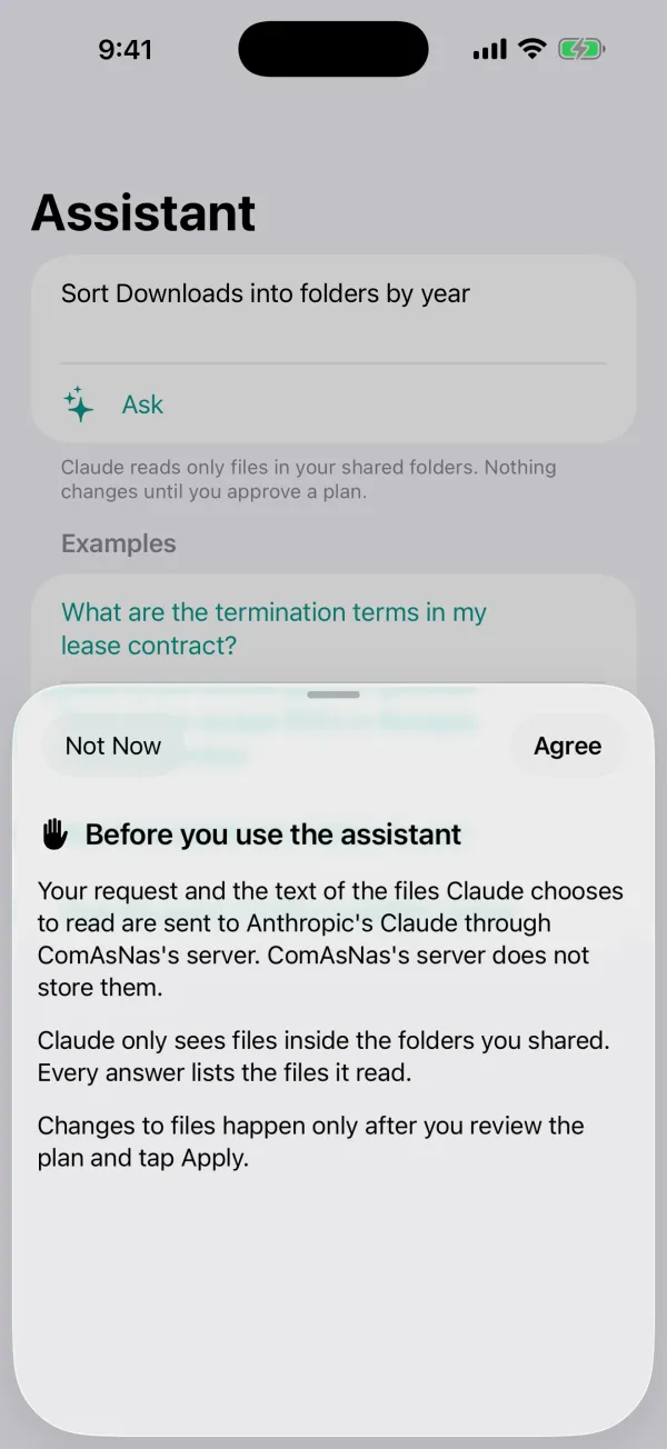 Assistant consent sheet: your request and the text of files Claude reads go to Anthropic's Claude through ComAsNas's server, which does not store them